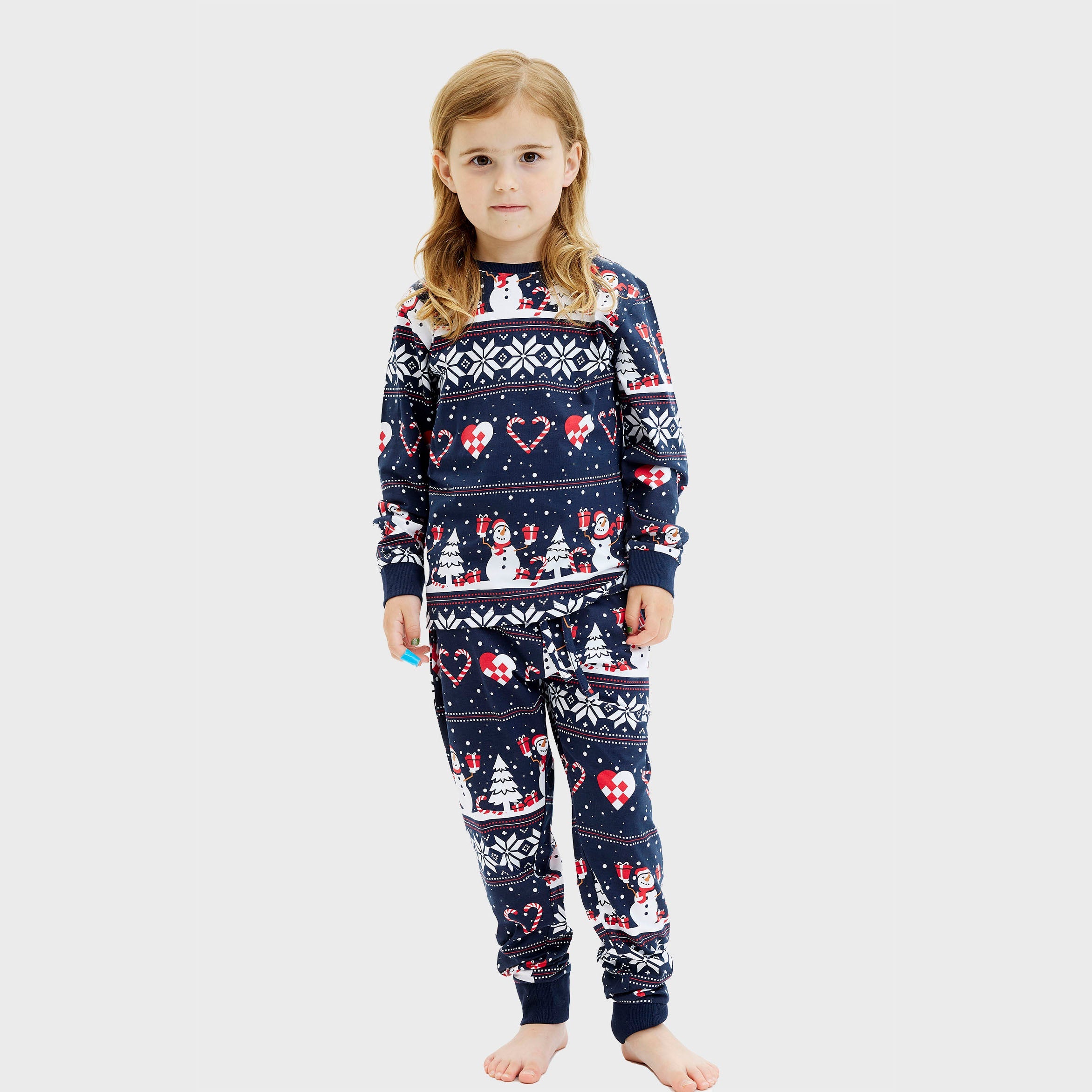 Dunkelblauer Weihnachts-Pyjama für Kinder mit Herz- und Rentiermotiven, weihnachtspullover kinder.